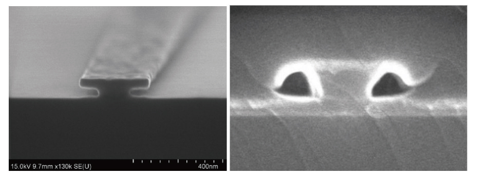 電子顯微鏡下的T型閘電晶體(左)與剖面圖(右)